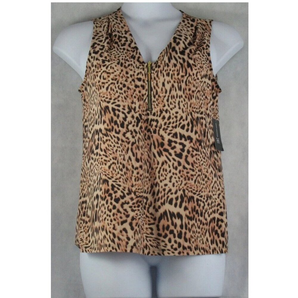 INC Women's 1/4 Zip 95% Polyester Cami Tank Top, Brown Animal Print